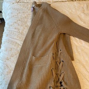 Beige/dark tan cardigan with ties on side